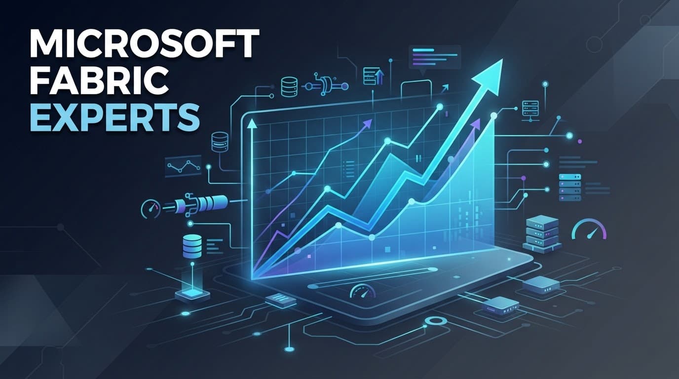 A blue growth chart on a dark background with Microsoft Fabric Experts text.
