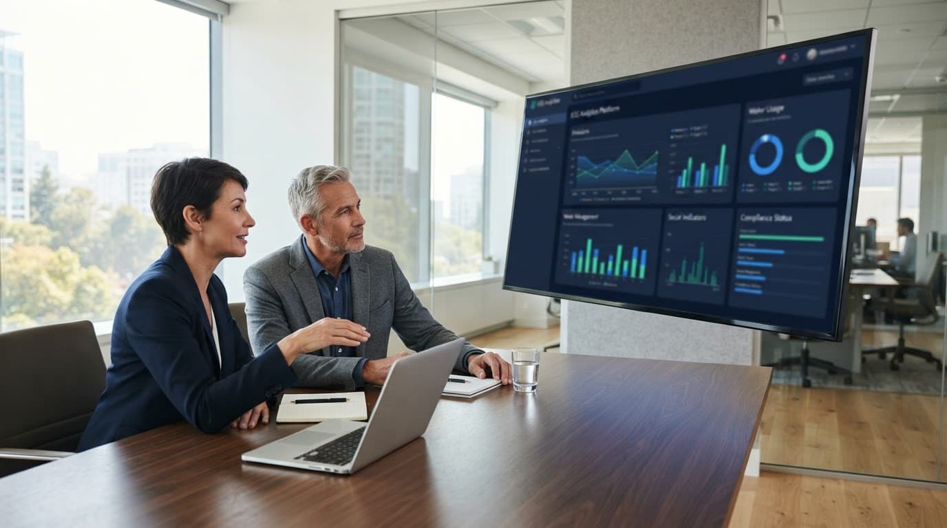 Two business leaders review sustainability dashboard.
