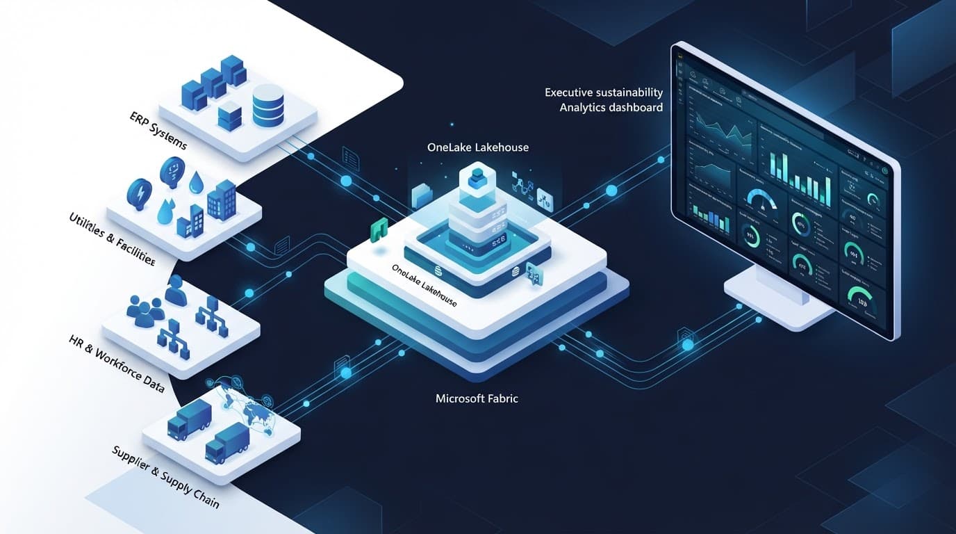 A central ESG data platform connects business systems to a sustainability dashboard.