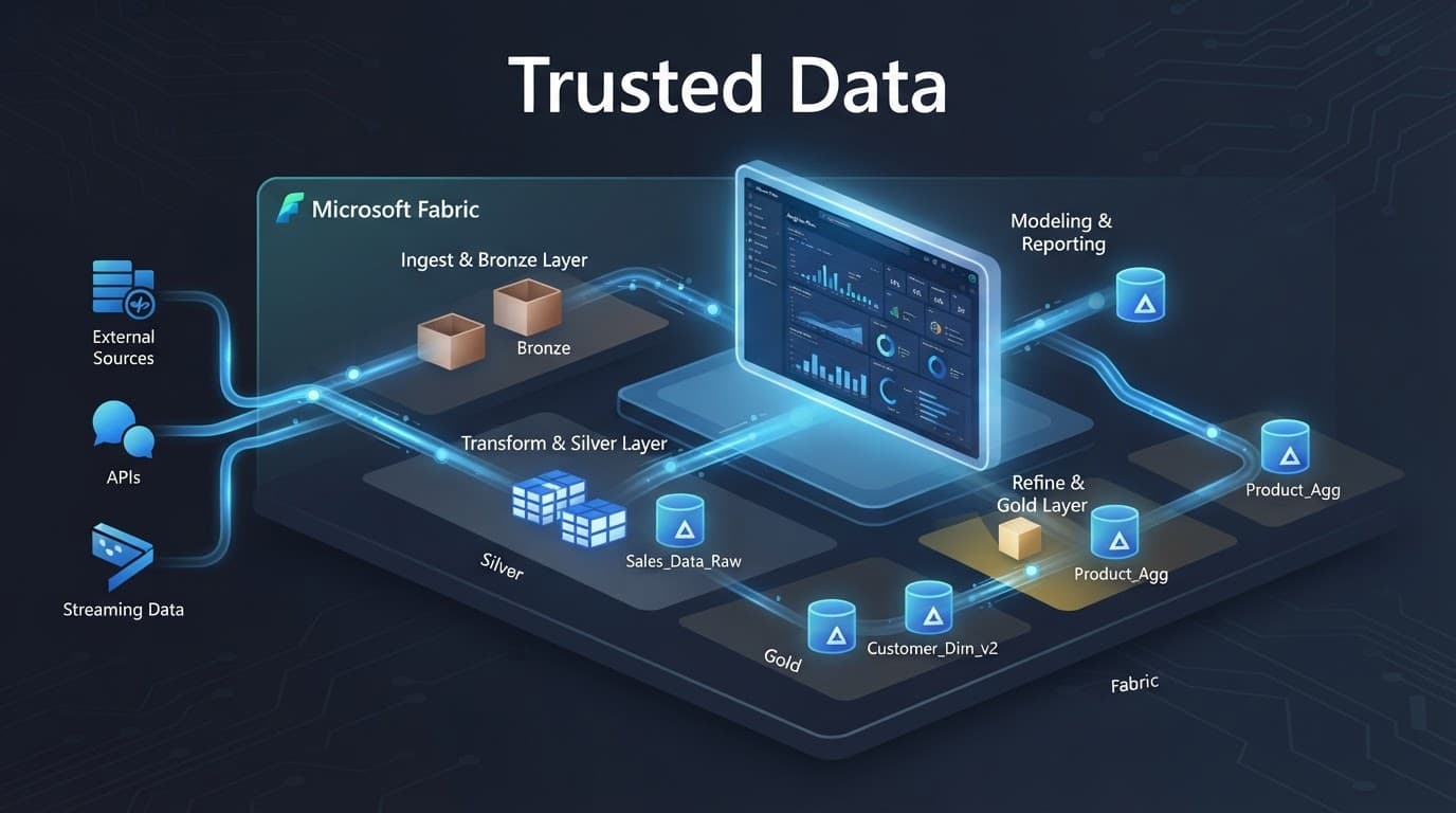 Central display showing blue data pipelines and Delta tables in a dark cloud analytics design.
