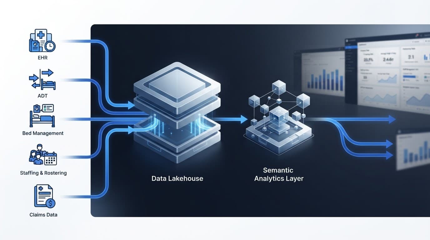 Hospital data feeds flow into a central analytics platform.
