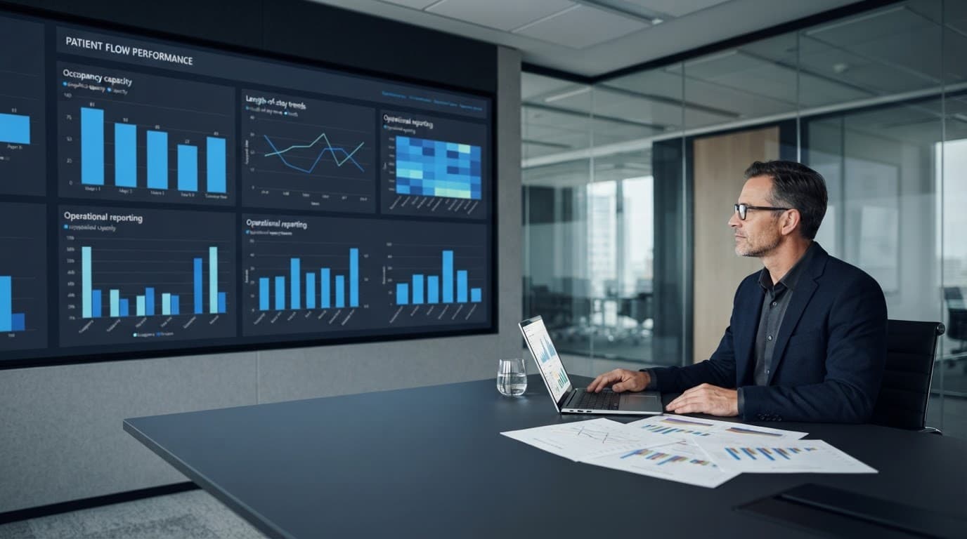 Hospital data leader reviewing charts beside a screen of performance KPIs.