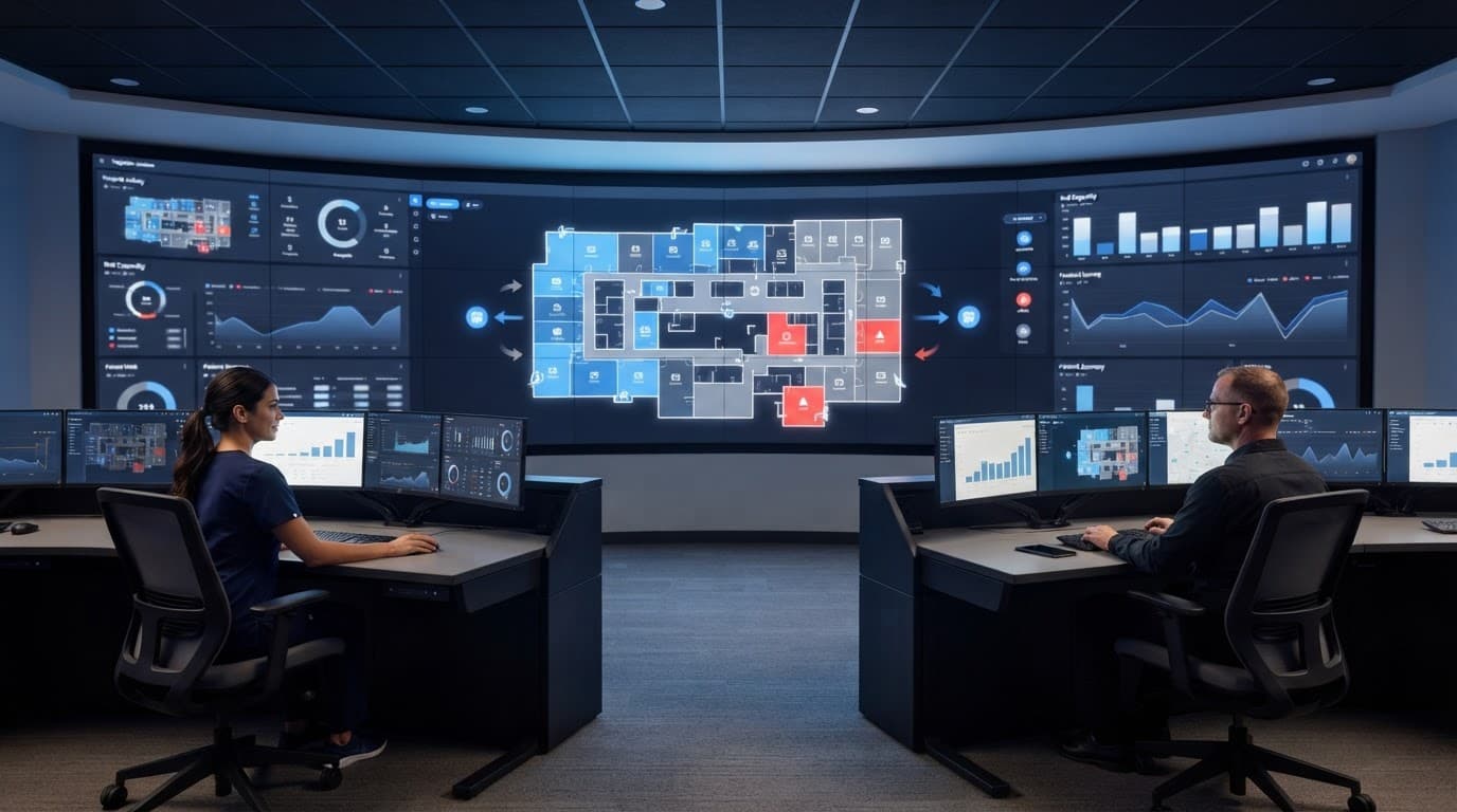 Two professionals monitor hospital maps and bed availability screens.