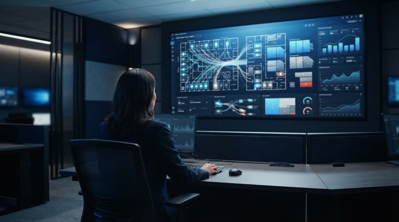 Analyst reviewing patient flow charts and bed capacity data in a hospital command center.