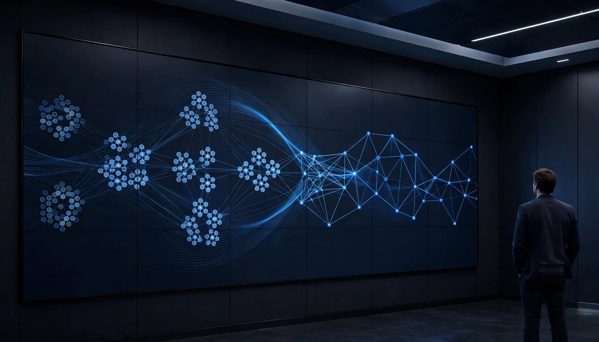 A data steward reviews linked records and duplicate clusters on a large display.