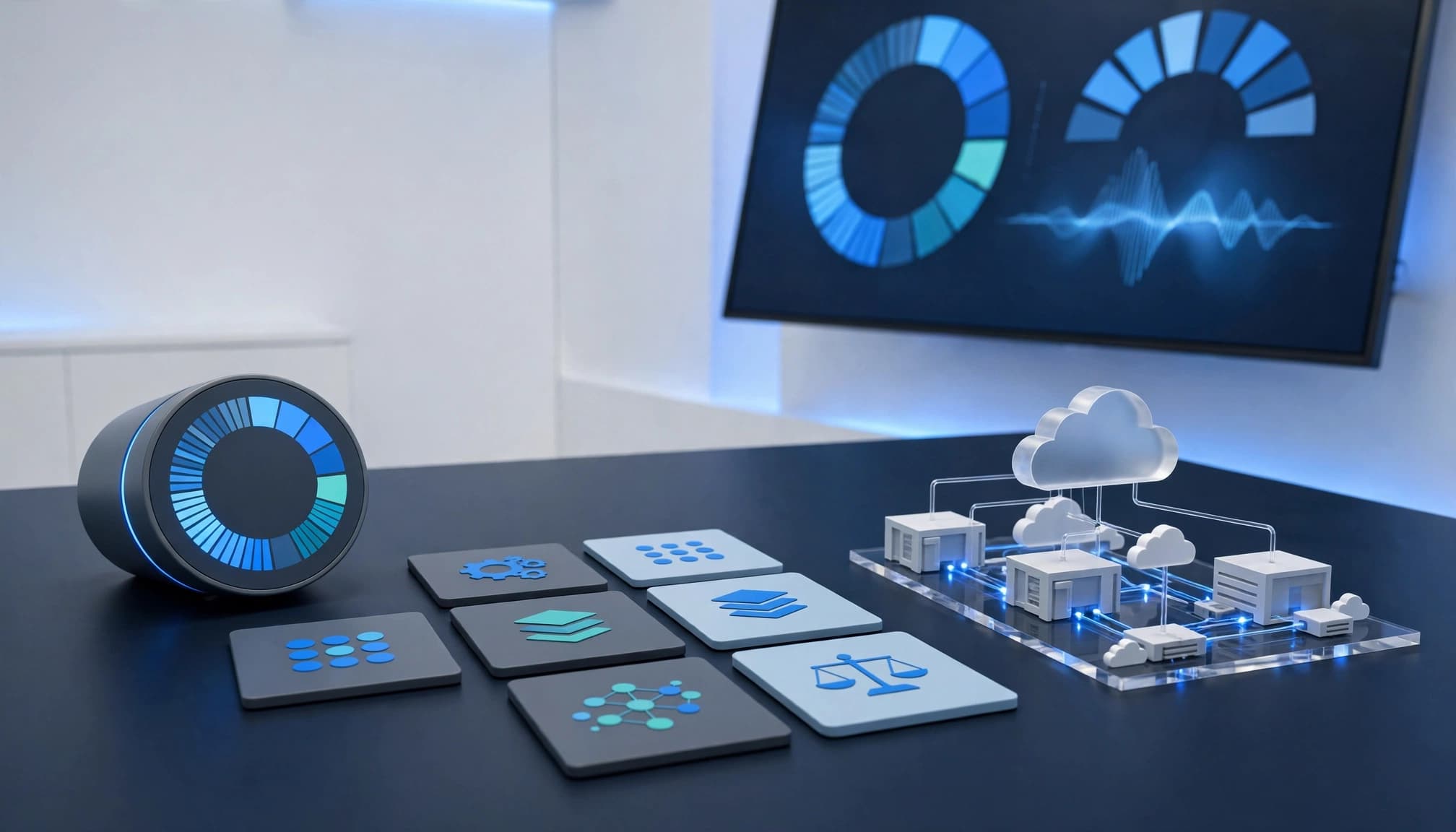 A tabletop capacity meter, workload tiles, and cloud data model in a blue-lit strategy room.