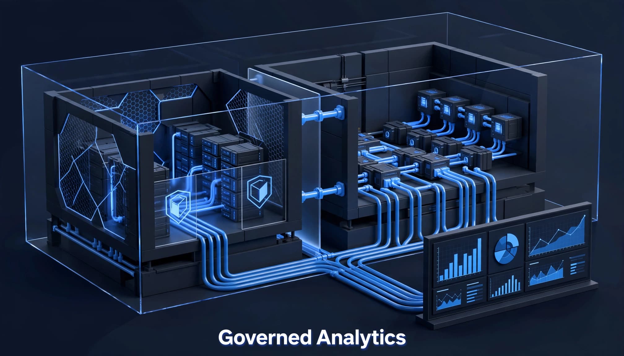 Architectural diagram showing two private access zones connected to governed data pipelines and executive reporting.
