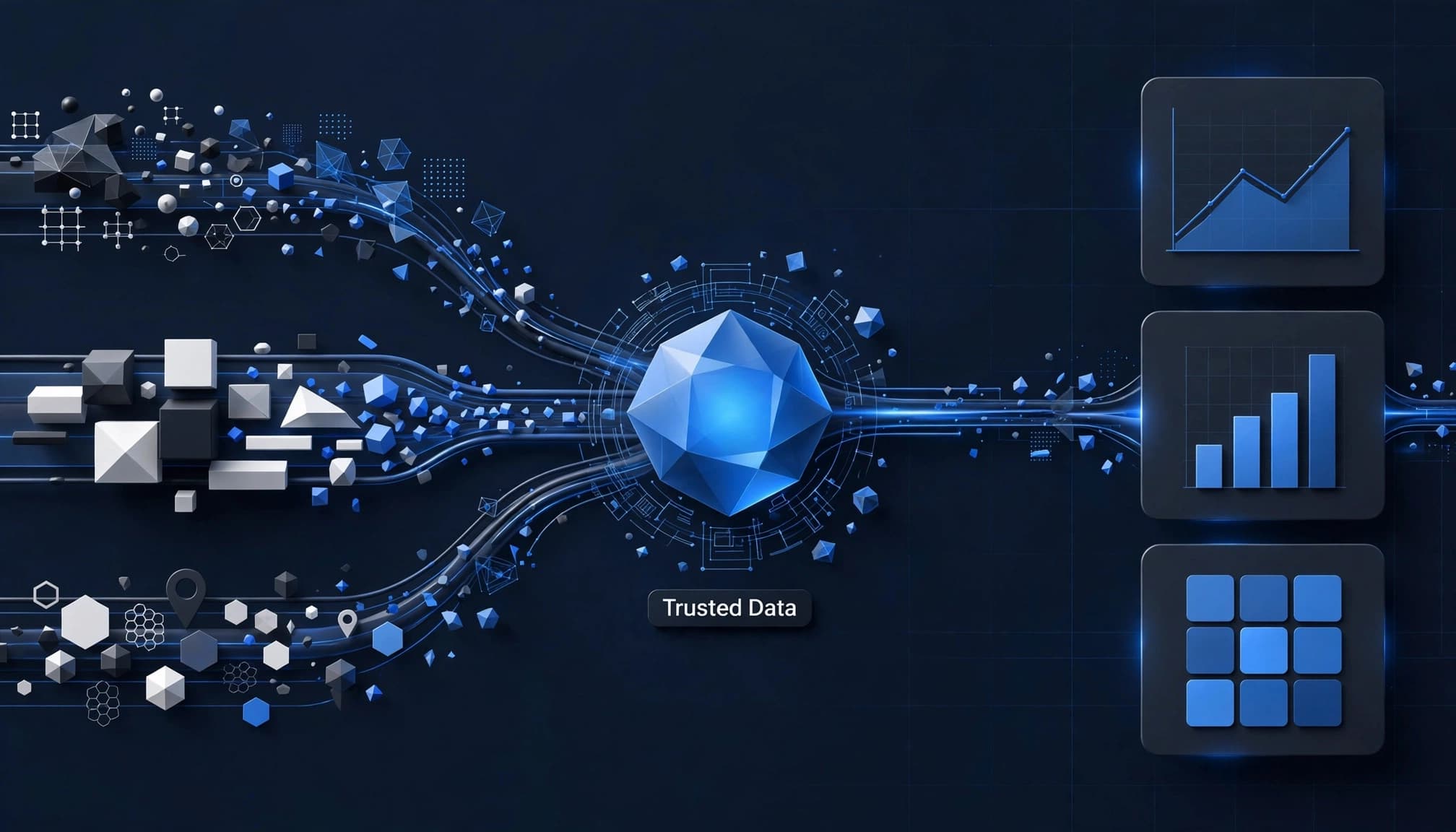 Customer, product, and location data merge into one record before flowing to analytics tiles.