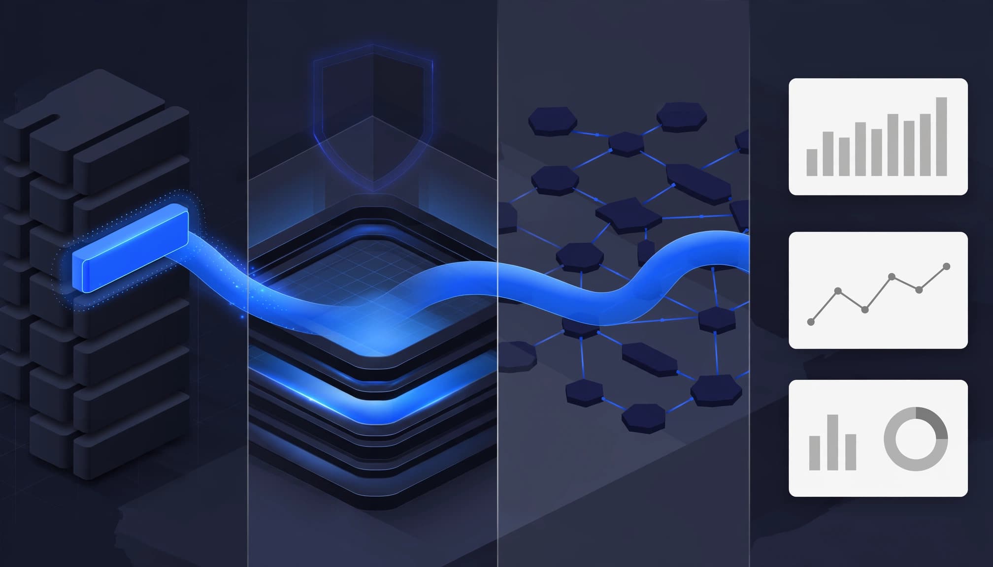 A blue-highlighted data change flows into a lakehouse while reports remain unchanged.