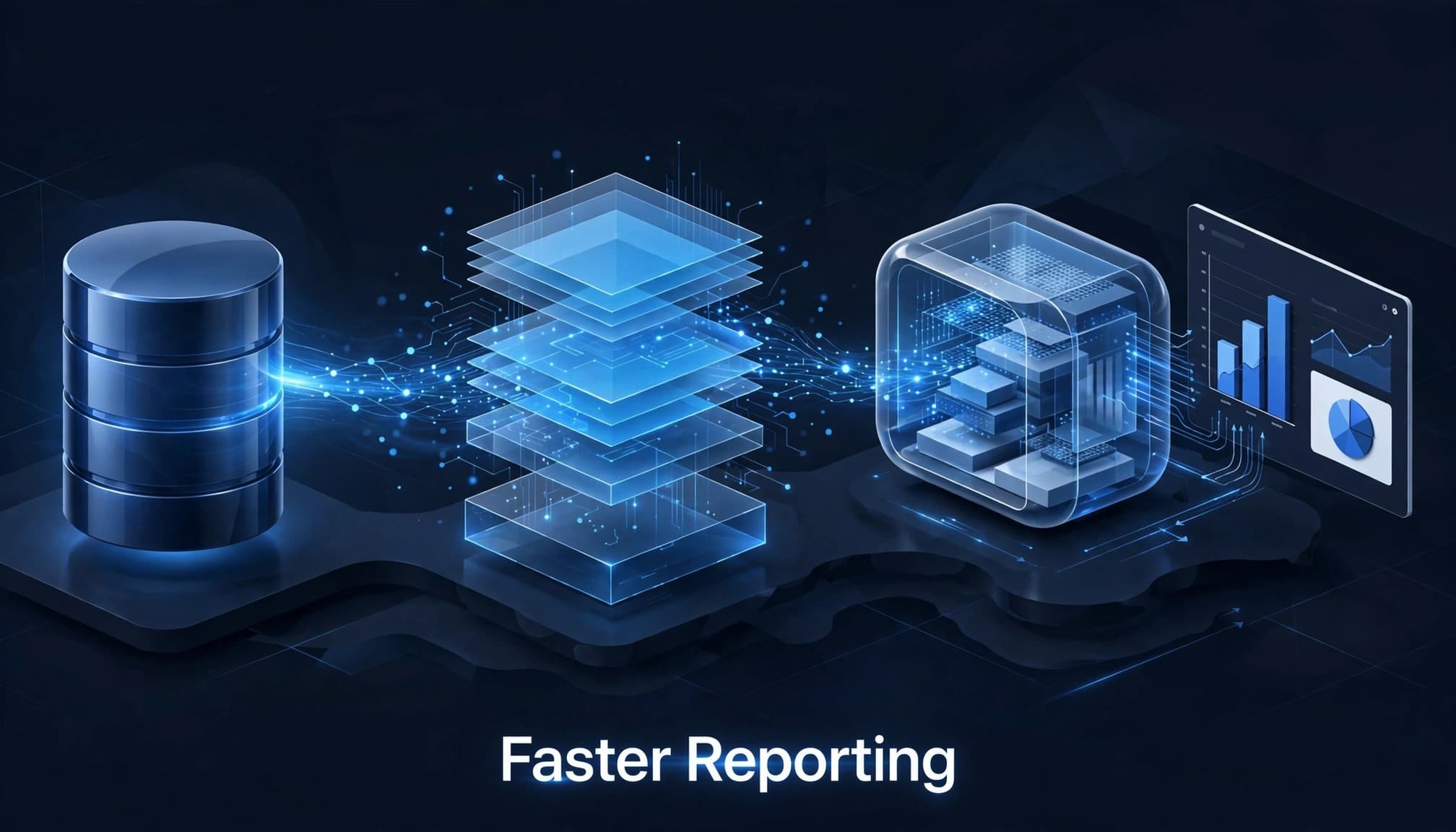 Source data moving through staged layers into a unified analytics platform