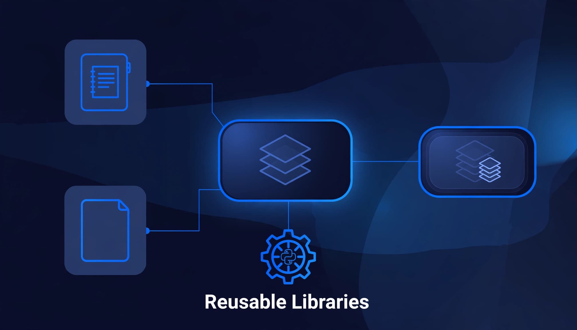 A technical diagram with blue icons connected by lines on a dark background, featuring the text