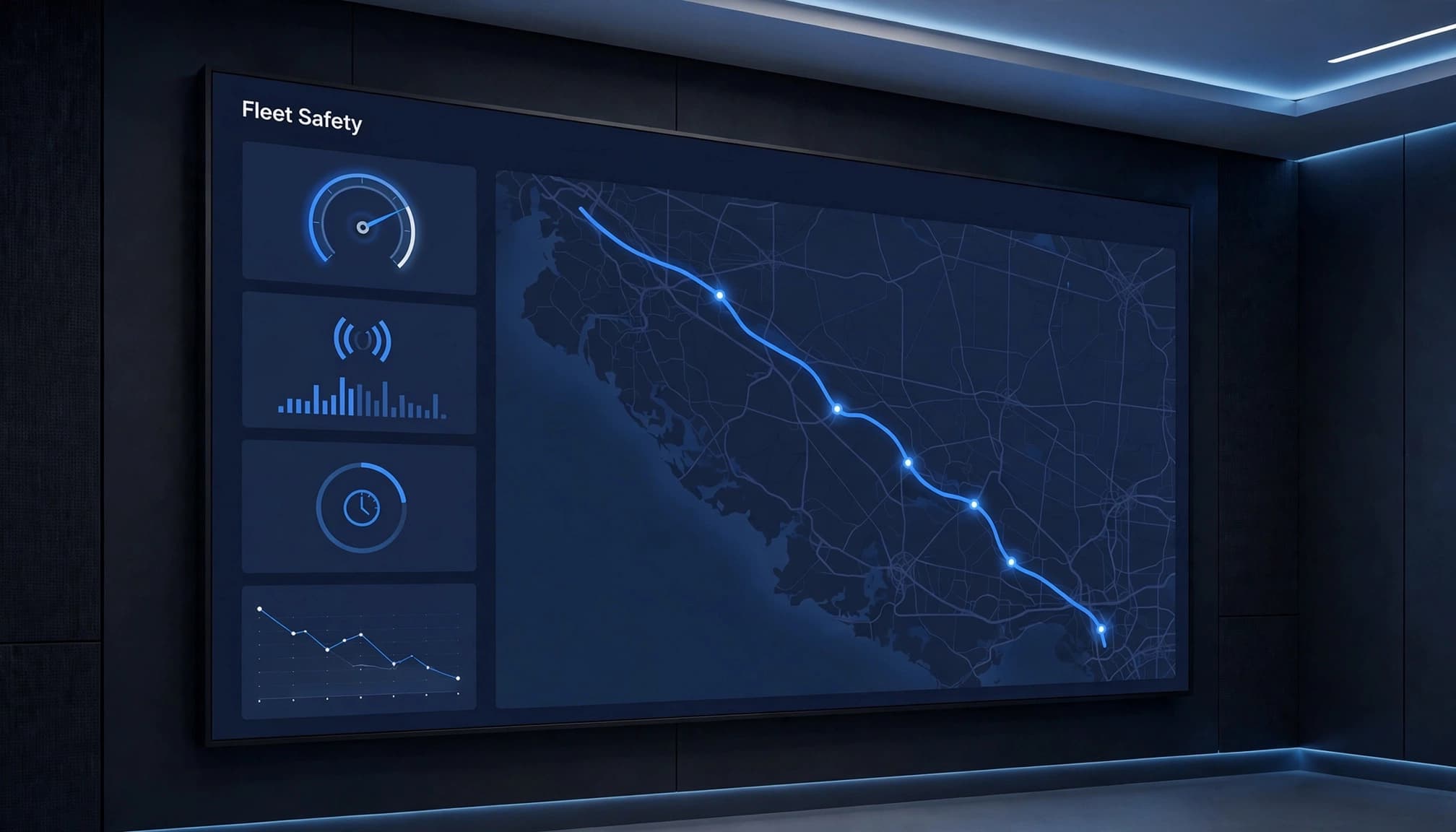 A large operations-center display showing a Fleet Safety dashboard with a route map and graphs.