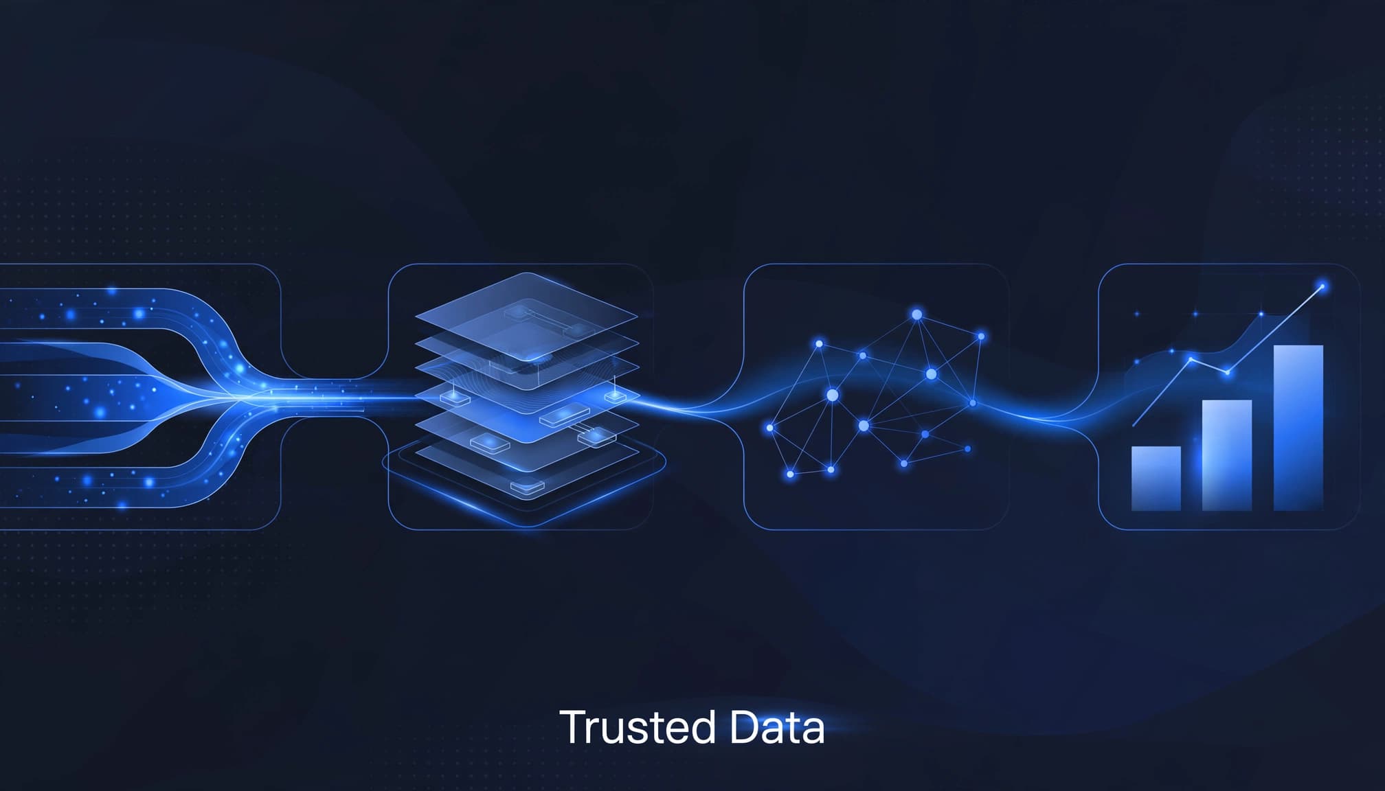 An abstract enterprise data architecture diagram with the text Trusted Data at the bottom.