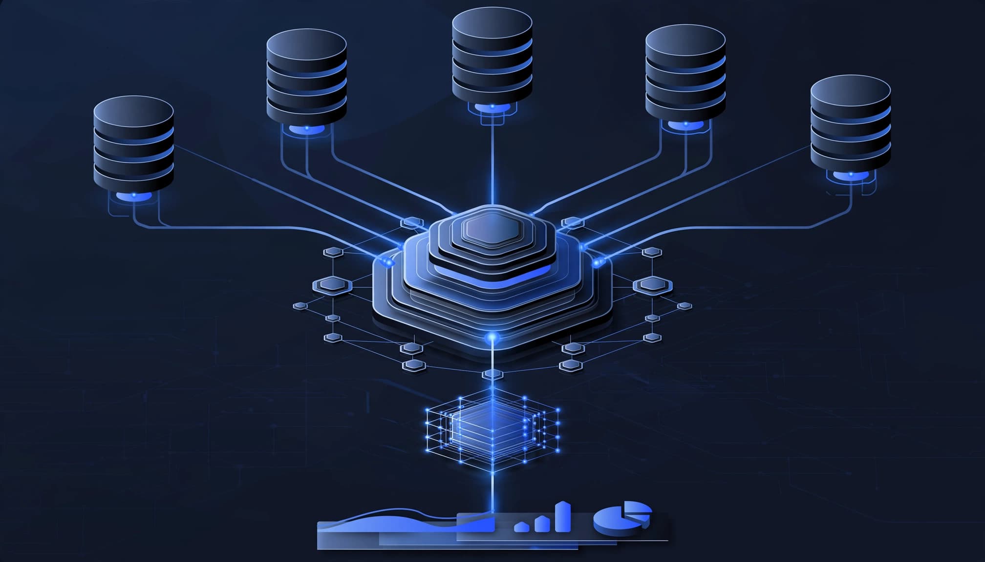 A central lakehouse connects organized data branches to a small reporting surface.