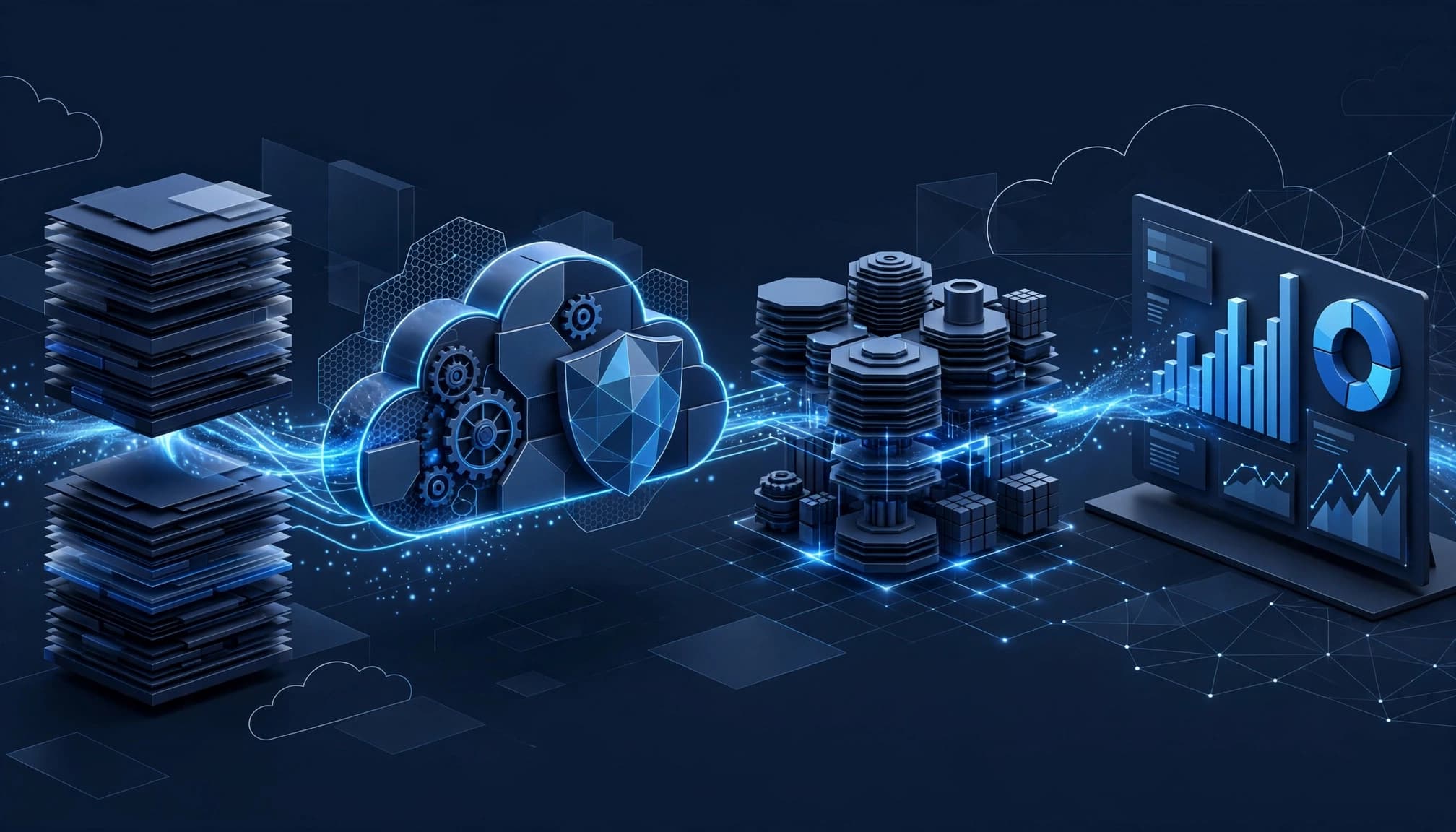 3D data pipeline visualization with servers, a cloud shield icon, processing nodes, and a reporting dashboard.