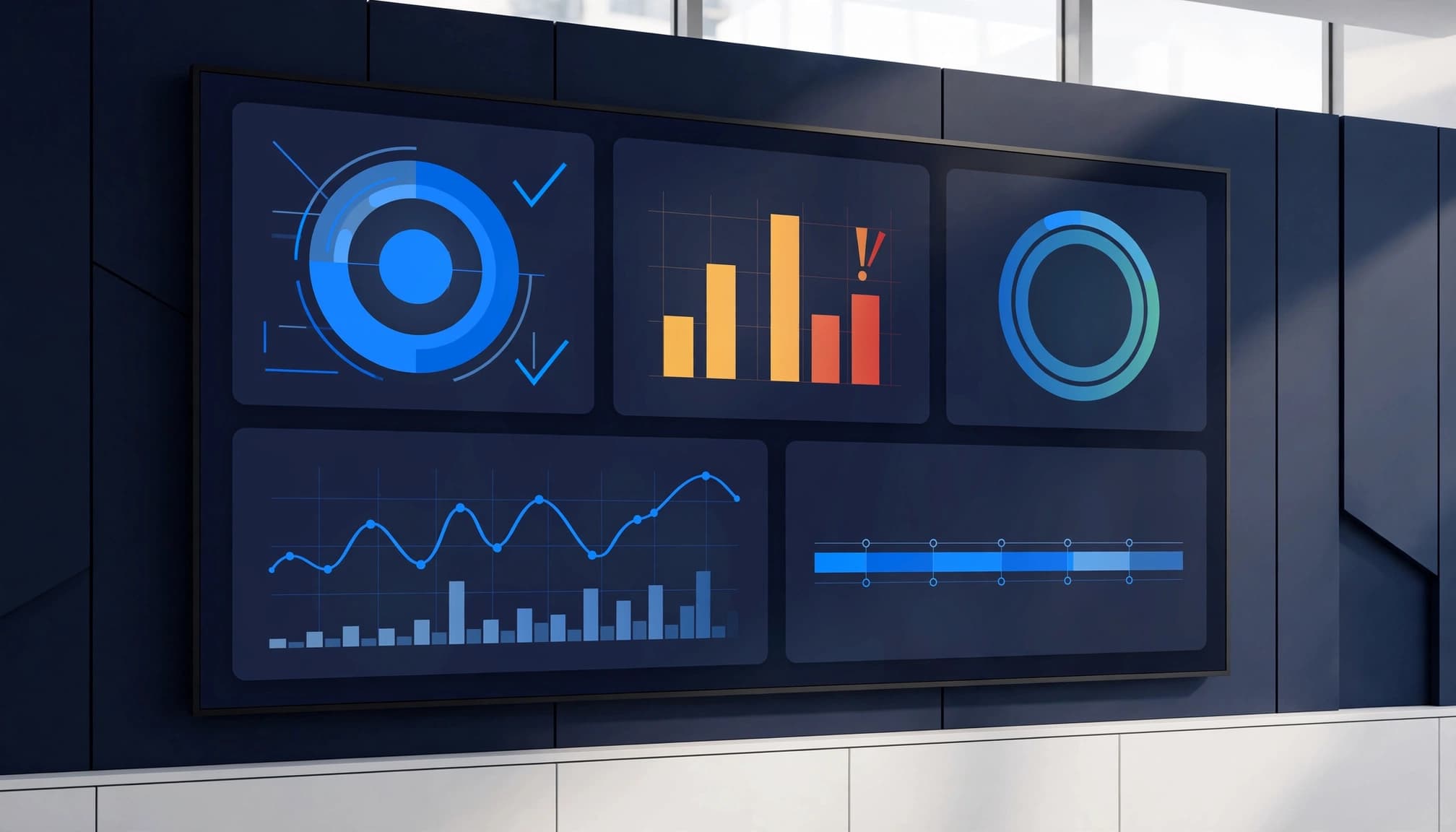 A large wall-mounted display showing a month-end close dashboard with various blue charts and graphs.