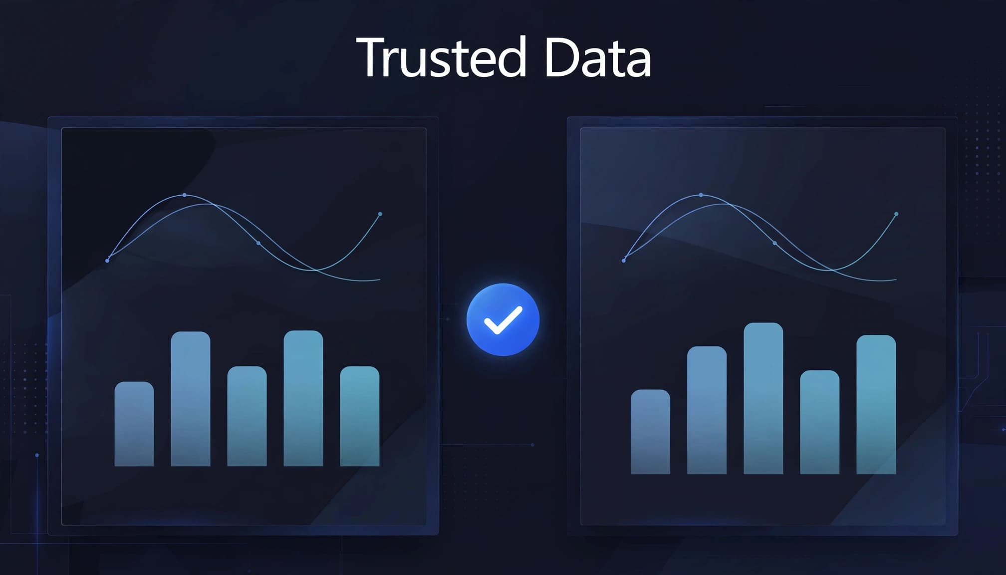 Parallel report panels showing matching charts and a verification mark