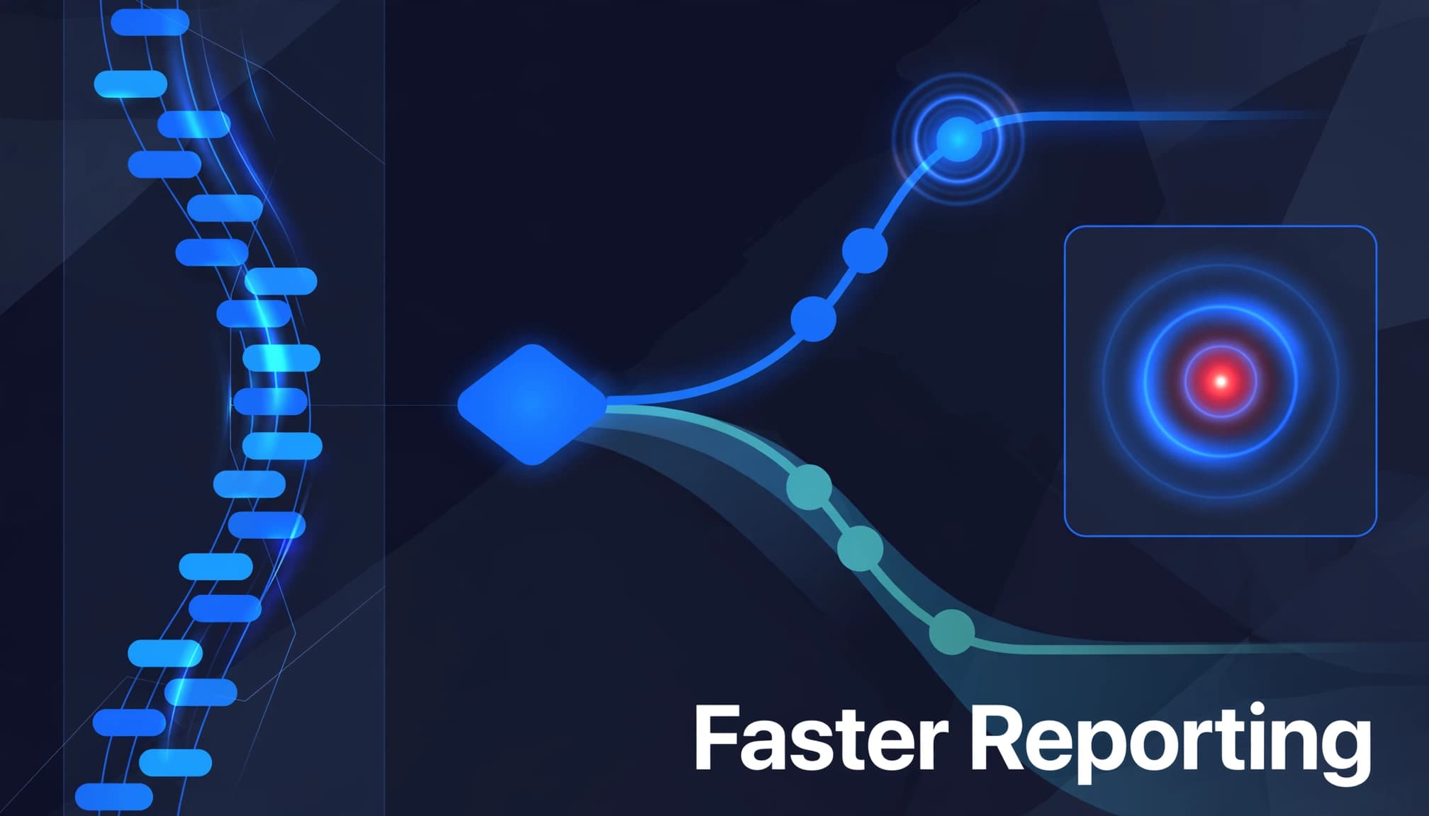 A digital graphic in dark blue with the text Faster Reporting and abstract risk analytics visualization.