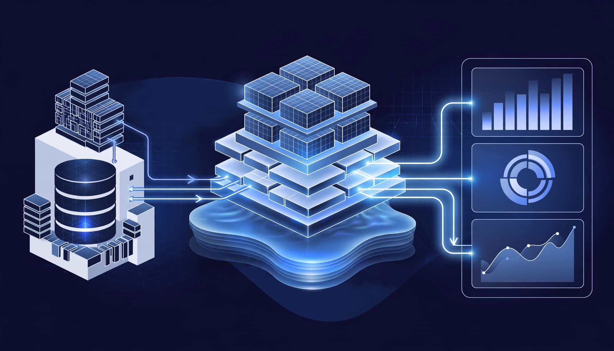 Blue data pipelines connect an SAP warehouse to a central lakehouse and reporting panels.