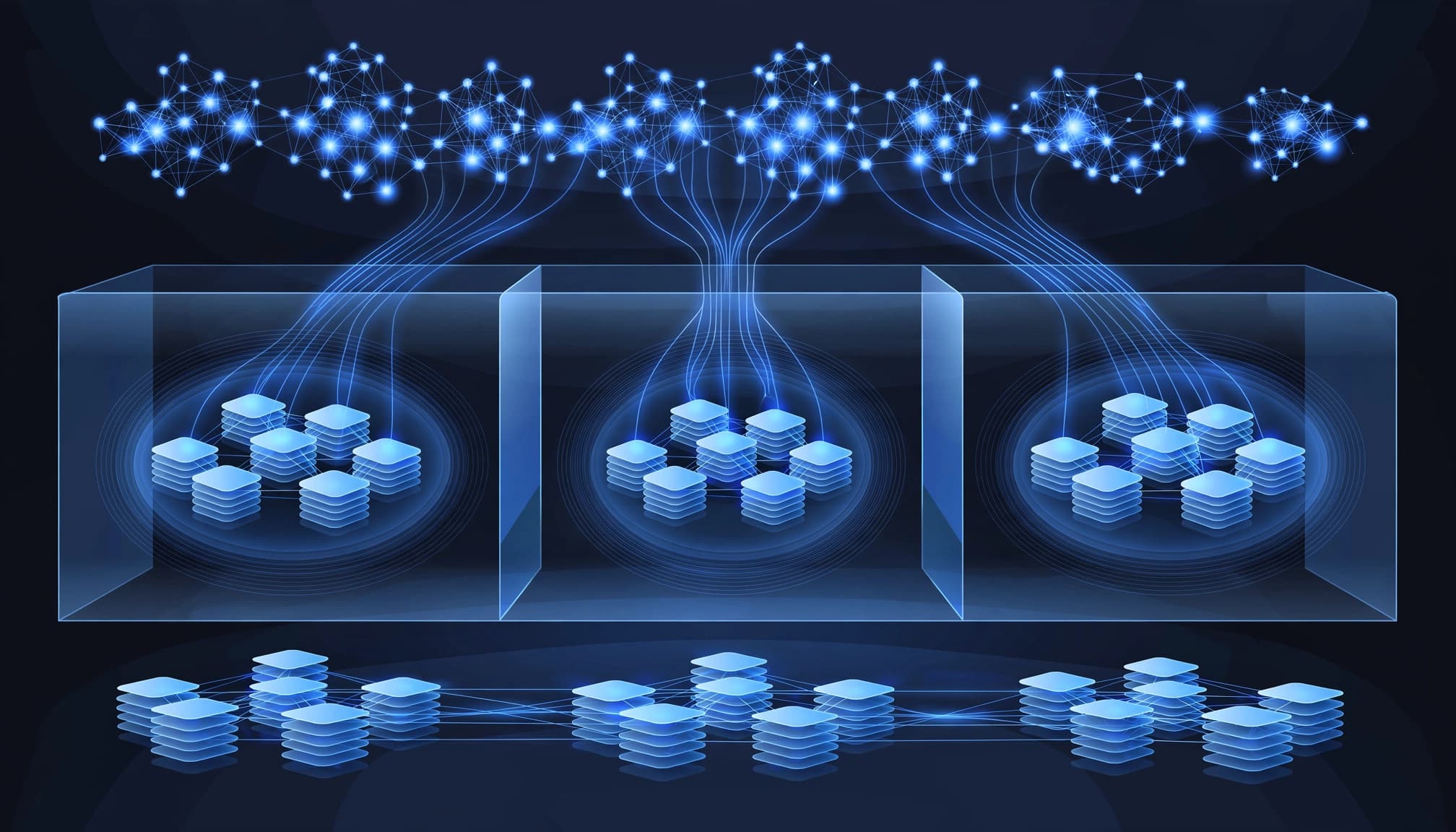 Blue pathways connect a central semantic structure to data nodes within separate access boundaries.