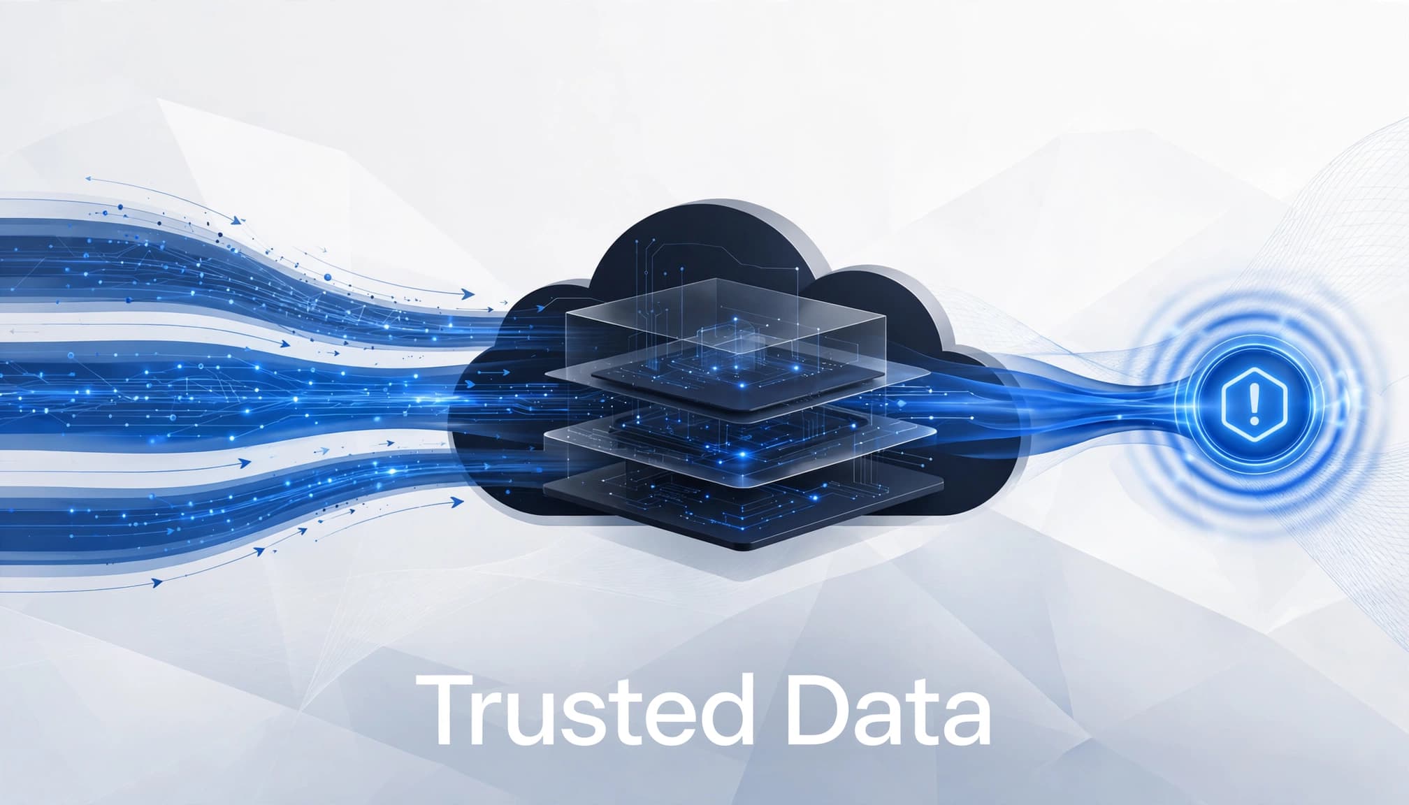 A conceptual cloud analytics graphic with blue data streams and the text Trusted Data.